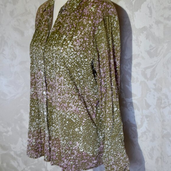 Eddie Bauer L Green Purple Floral Pleated Roll-Tab Sleeve Blouse - Picture 4 of 8